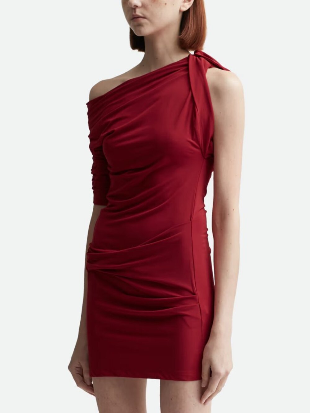 Jacquemus La Mini Robe Drapeado Burgundy Mini Bodycon One Shoulder Dress Sz XS - Picture 12 of 13